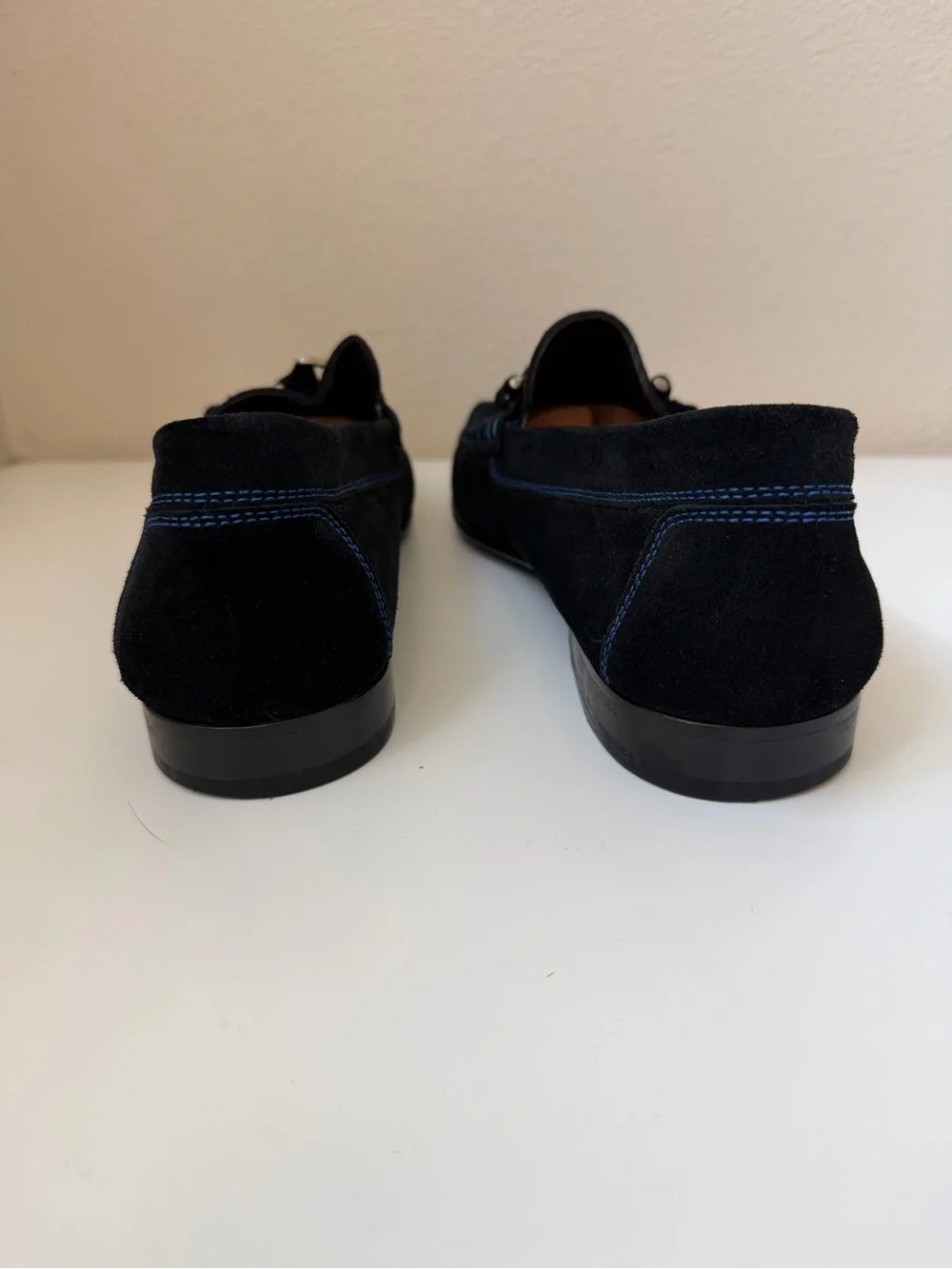 Men's Donald Pliner Black Suede Bit Loafers with Blue Stitching